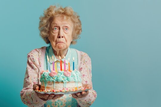 Elderly woman ready to blow out the candles on his birthday cake.