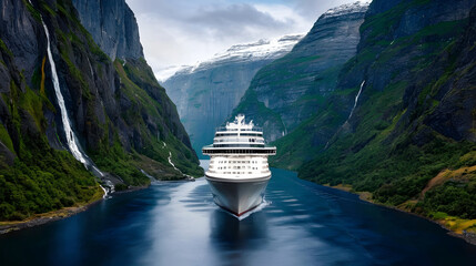 A sleek cruise ship navigating its way through a narrow fjord surrounded by towering cliffs and cascading waterfalls.