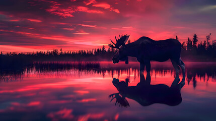 Magnificent moose silhouetted against a colorful sky during the enchanting hours of dawn, casting a reflection on the calm waters of a lake