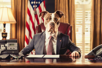 A dignified dog with a stern expression sits at a desk in an ornate office, resembling a leader, with the American flag in the background.