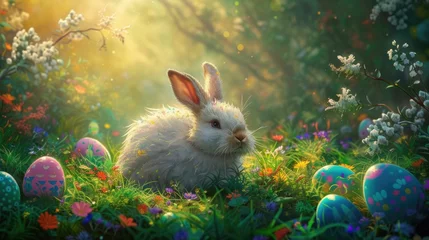 Rolgordijnen A happy white rabbit is resting among colorful Easter eggs in a beautiful natural landscape filled with lush green grass, flowers, and groundcover AIG42E © Summit Art Creations