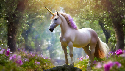Obraz na płótnie Canvas Majestic White Unicorn Gracefully Standing Atop a Vibrant Green Meadow. Generative AI