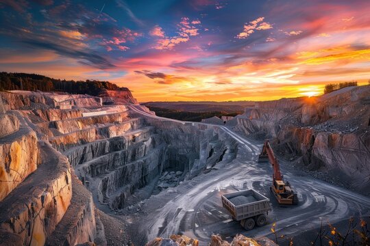 A majestic quarry under a vibrant sunset sky