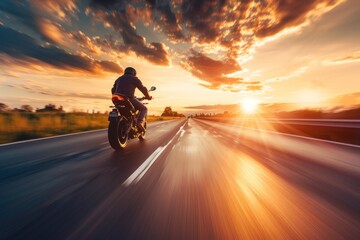 A motorcyclist rides on a highway towards the sunset, with the dynamic landscape blurring past