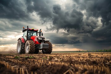 Red tractor drives across a huge field under a dramatic stormy sky, highlighting the power of modern agriculture