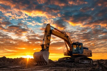 A solitary excavator stands on a dirt construction site, silhouetted against a stunning sunset sky with clouds