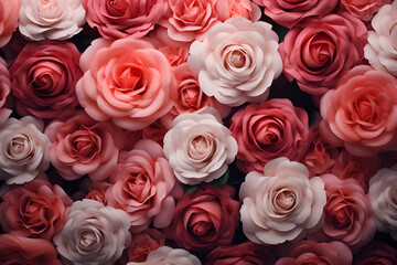 Beautiful pink and white roses as a background. Top view.