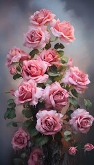 Beautiful bouquet of pink roses on a dark background. Close up.