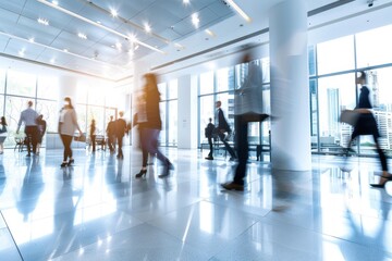 Bright business workplace with people in walking in blured motion in modern office space