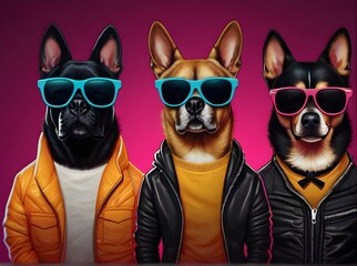 Three stylish dogs wearing sunglasses and black jackets posing with serious behavior on neon background. Generative AI