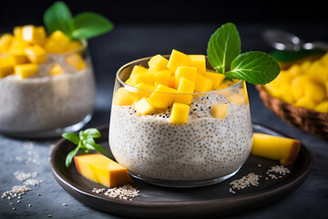 Organic Mango with chia pudding for healthy vegan breakfast