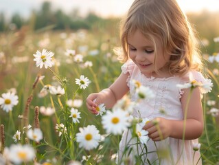 A little girl is playing in a field of white flowers