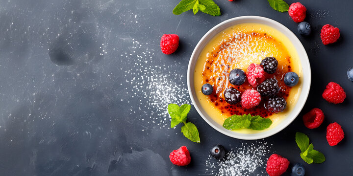 A classic Creme brulee, served in a ramekin, combination of creamy custard and caramelized sugar