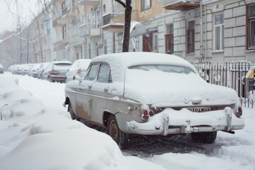 Car covered with snow in the city. Car covered with snow