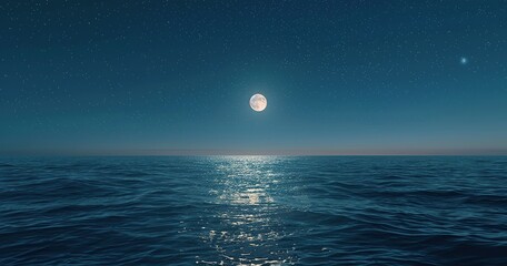 realistic night sky with moon above the sea, rule of thirds composition - obrazy, fototapety, plakaty
