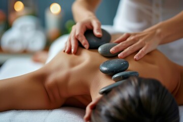 woman's back enjoying exotic hot stones spa massage. Relaxed woman lying with hot stones on her back
