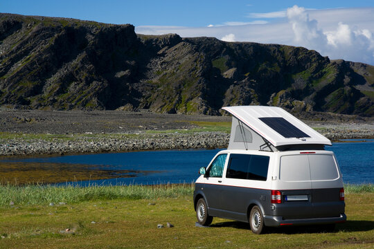 Camper parked on the seashore in Hamningberg on the Varanger Peninsula, Norway