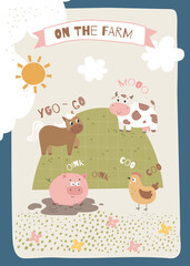 Farm animals. Kids farming. Vector design of posters with rural illustrations.