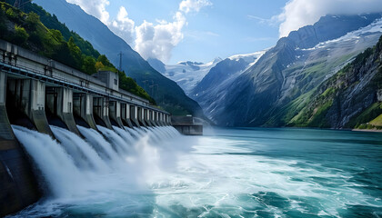 Fototapeta premium A large hydroelectric power plant high in the mountains. A large flow of water that gives energy.