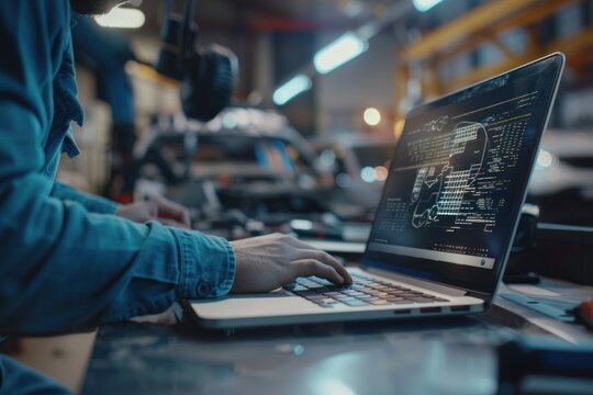 Anmechanical technician using laptop computer programming. Car maintenance service concept