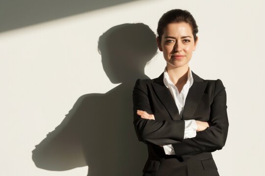 Confidence concept, with business woman having her shadow flex muscles