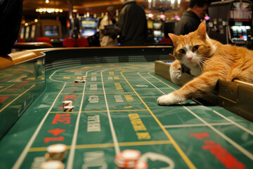 An orange tabby cat sprawls casually on a craps table in a casino, amidst a game in play.