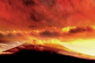 夕焼けにかすむ富士山