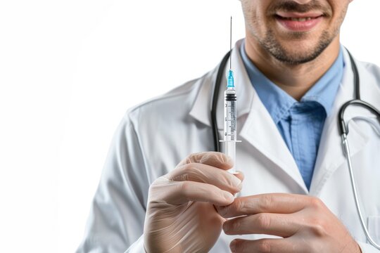 Doctor holding syringe with needle. Healthcare and medicine vaccination concept
