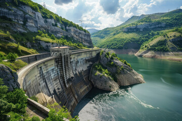 Majestic Mountain Dam and Reservoir - obrazy, fototapety, plakaty