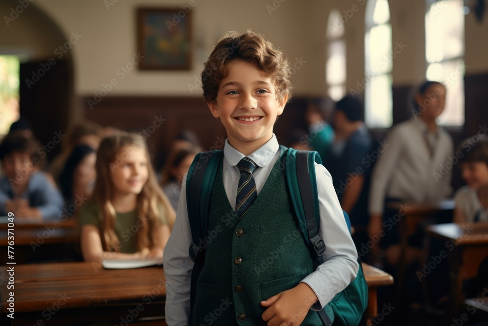Poster a boy in a school uniform standing in front of a classroom. generative ai.
