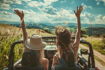 Freedom concept with two happy woman driving in rural scene - obrazy, fototapety, plakaty