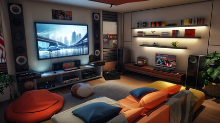 modern gaming room, interior, home, room, clean, architecture, apartment, style, decor, 3d render, render, art, color, house, living, luxury, bedroom, bed, comfortable, office, table, design, window, 