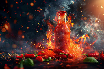 A bottle of hot sauce with flames and chili peppers around it.