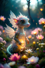 A cute dragon, its skin was so translucent that one could see its internal organs. In the glowing flower garden, a fantasy land