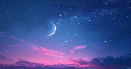 Fototapeta na wymiar realistic photo of a light purple blue sky and some tiny stars and a half moon, pink universe, sparkly stars, galaxy, blue, pink, dark black blue in the top