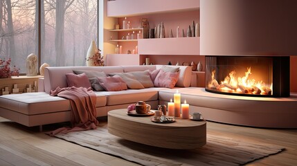 living room and fireplace in neutral UHD Wallpaper