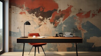 desk and chair with a map wall mounted UHD Wallpaper