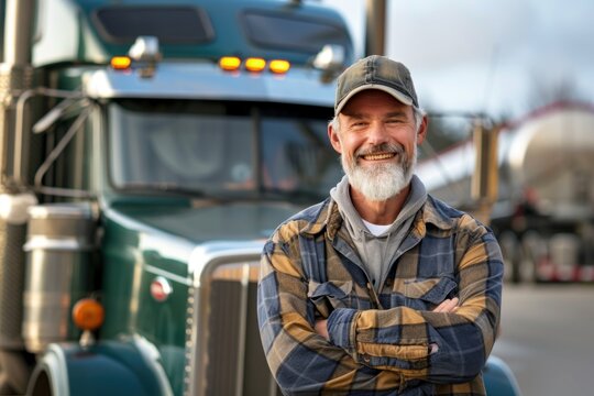 Happy middle aged male driver standing in front on his truck