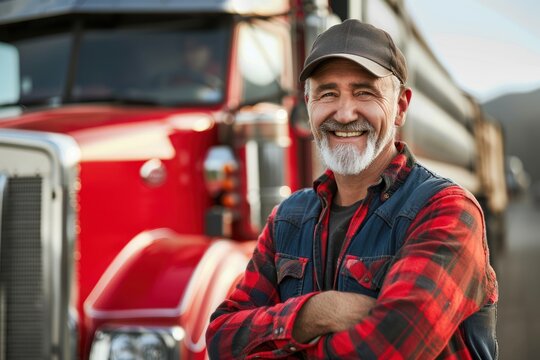 Happy middle aged male driver standing in front on his truck