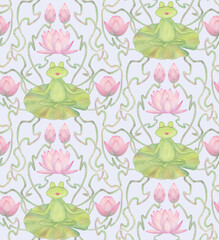 Frogs meditation of in art nouveau style lake seamless pattern - 776372065