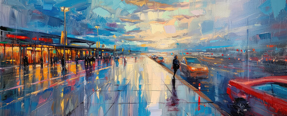 Bustling Evening at the Airport Captured in Modern Impressionist Style - obrazy, fototapety, plakaty