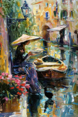 Serenity by the Waters Edge.A Vivid Impressionist Vision of a Quiet Moment in a European Canal Town