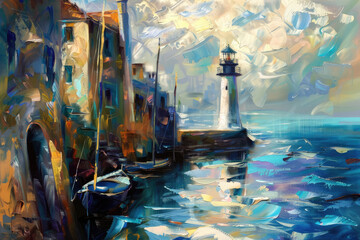 Serene Harbor at Dawn.A Vibrant Impressionist Vision of a Coastal Village - 776372274