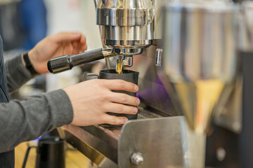Process of preparation author coffee machine on espresso machine for customer in coffee shop