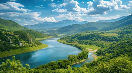 Fototapeta na wymiar Panorama view a river surrounded by green hills on a sunny day landscape. AI generated image