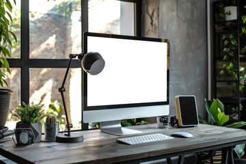Fototapeta premium Modern bright office with work desk and computer white mockup screen