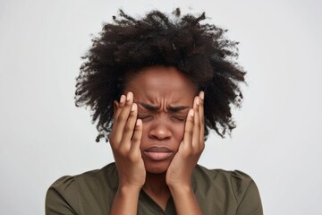African American woman holding hands near head while suffering from painful headache migraine