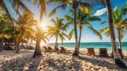 Tropical beach with palm trees with sun loungers travel background Generative AI