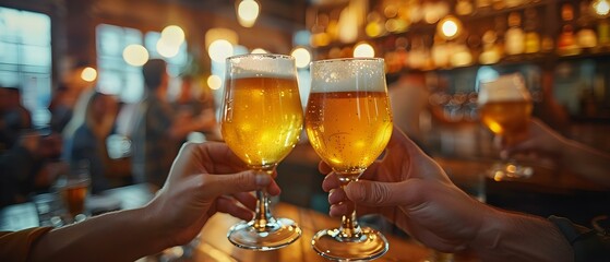 Asian friends celebrating toasting beer glasses at restaurant pub or bar. Concept Friends, Celebration, Beer, Asian Culture, Restaurant - obrazy, fototapety, plakaty