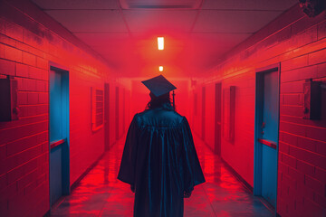 Graduate in cap and gown walking down neon-lit corridor rear view. New beginnings, dramatic transition, graduation